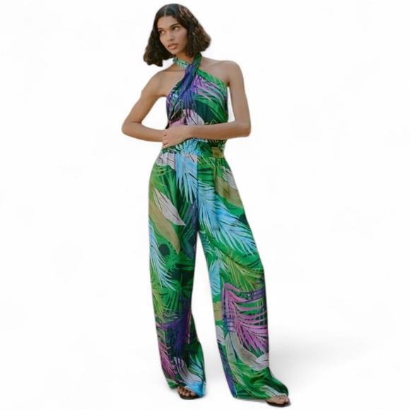 Zara Pants - Zara Wide Leg Tropical Print Jumpsuit